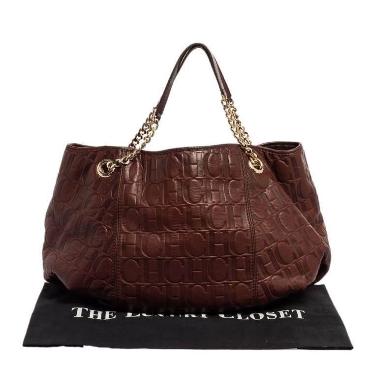 Pre Owned Carolina Herrera Brown Monogram Leather Chain Hobo