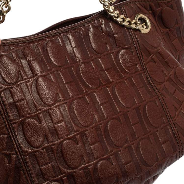 Pre Owned Carolina Herrera Brown Monogram Leather Chain Hobo