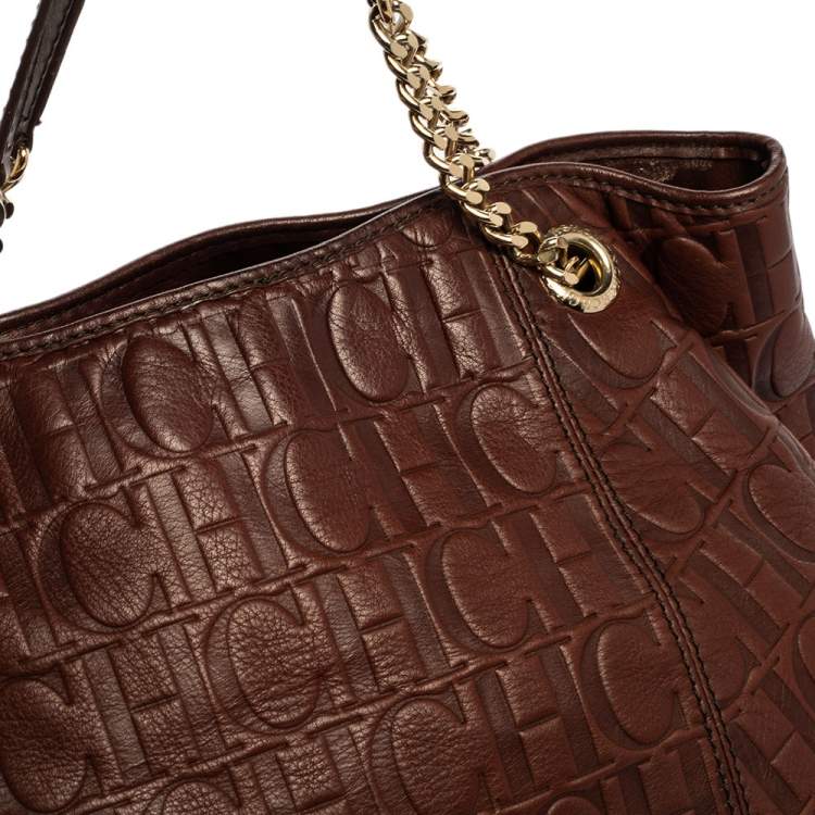 Pre Owned Carolina Herrera Brown Monogram Leather Chain Hobo