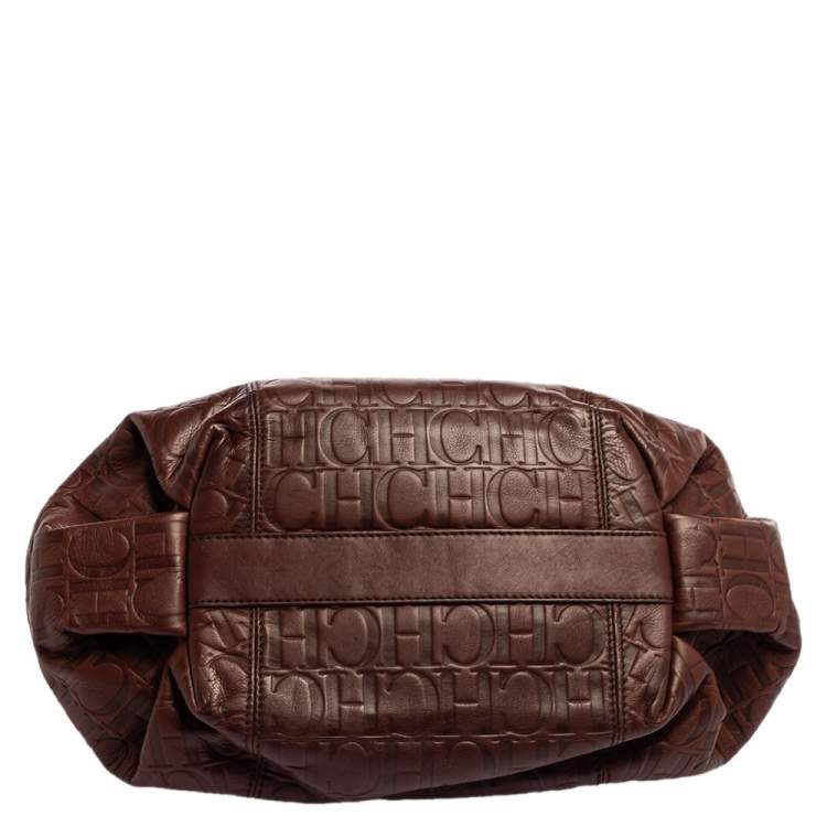 Pre Owned Carolina Herrera Brown Monogram Leather Chain Hobo