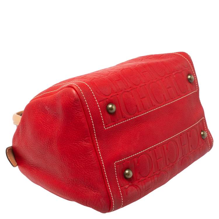 Pre Owned Carolina Herrera Red/Beige Monogram Embossed Leather Andy Satchel