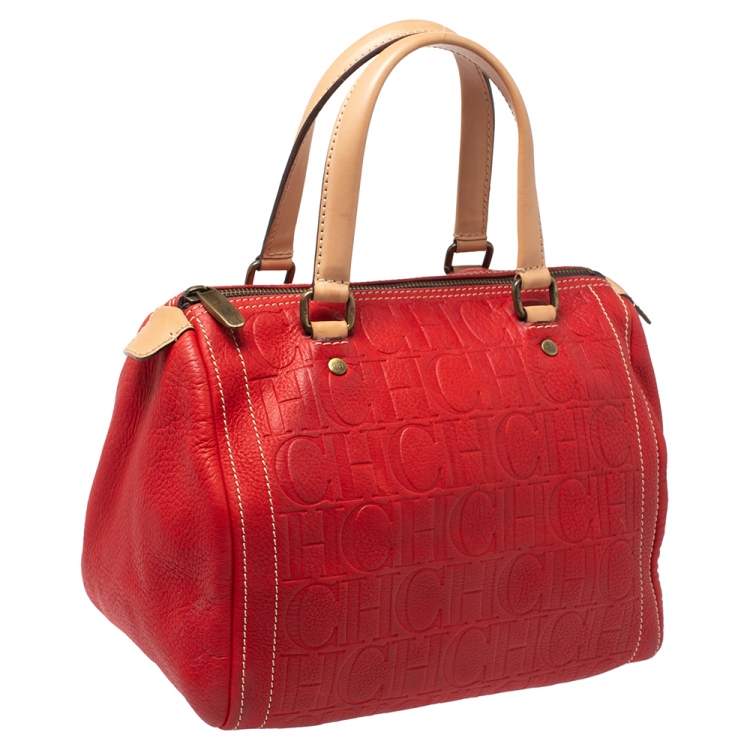 Pre Owned Carolina Herrera Red/Beige Monogram Embossed Leather Andy Satchel