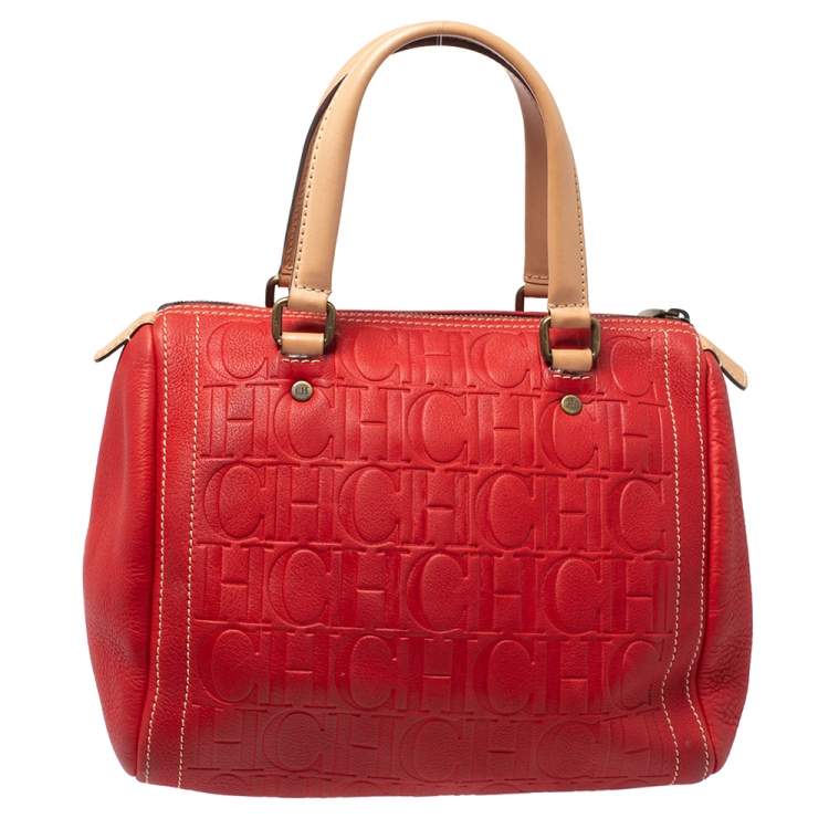 Pre Owned Carolina Herrera Red/Beige Monogram Embossed Leather Andy Satchel