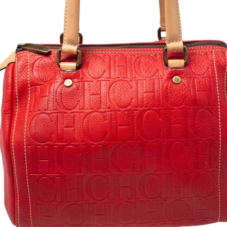 Pre Owned Carolina Herrera Red/Beige Monogram Embossed Leather Andy Satchel