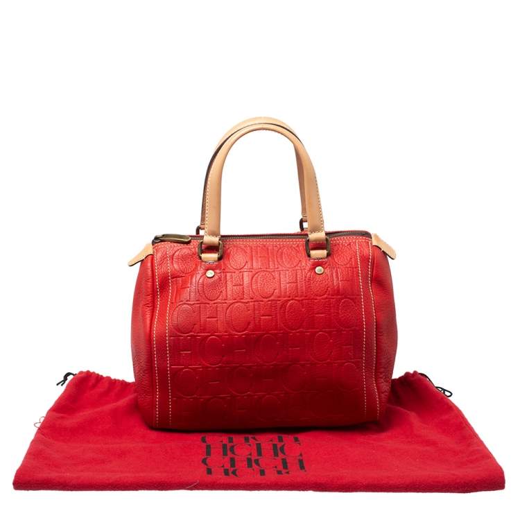 Pre Owned Carolina Herrera Red/Beige Monogram Embossed Leather Andy Satchel
