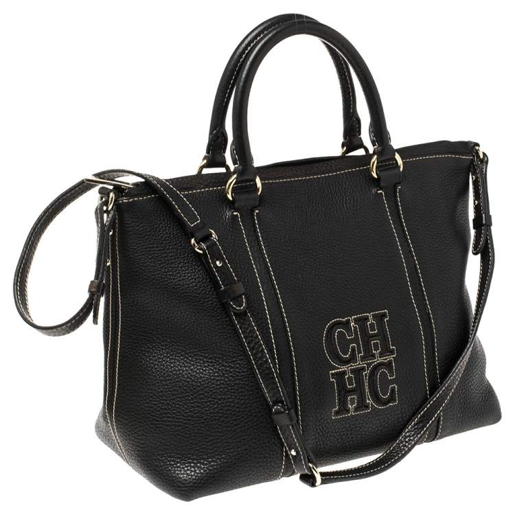 Pre Owned Carolina Herrera Black Leather CHCH Logo Tote