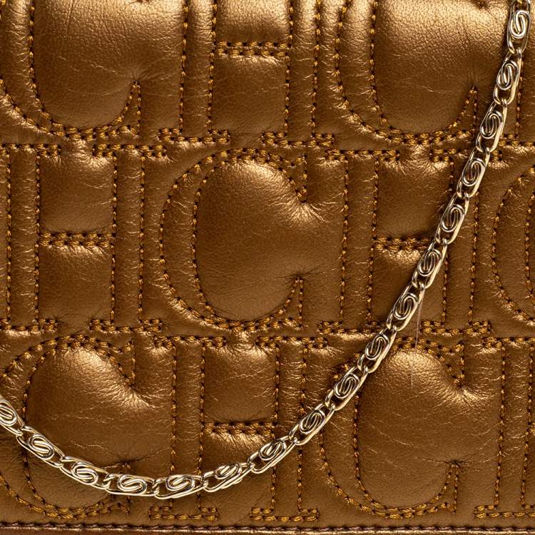 Pre Owned Carolina Herrera Metallic Gold Monogram Leather Chain Clutch
