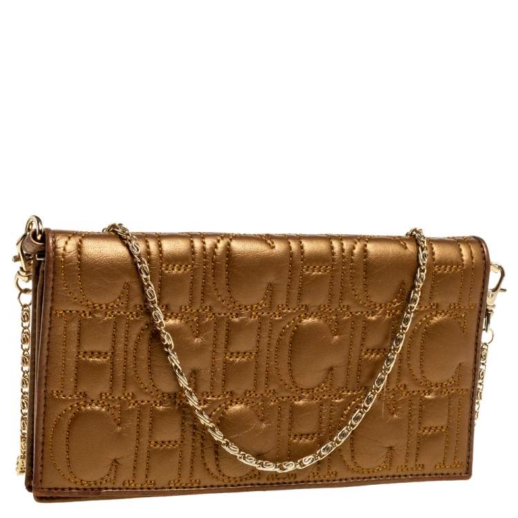 Pre Owned Carolina Herrera Metallic Gold Monogram Leather Chain Clutch