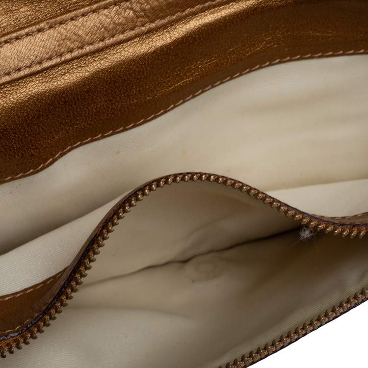 Pre Owned Carolina Herrera Metallic Gold Monogram Leather Chain Clutch