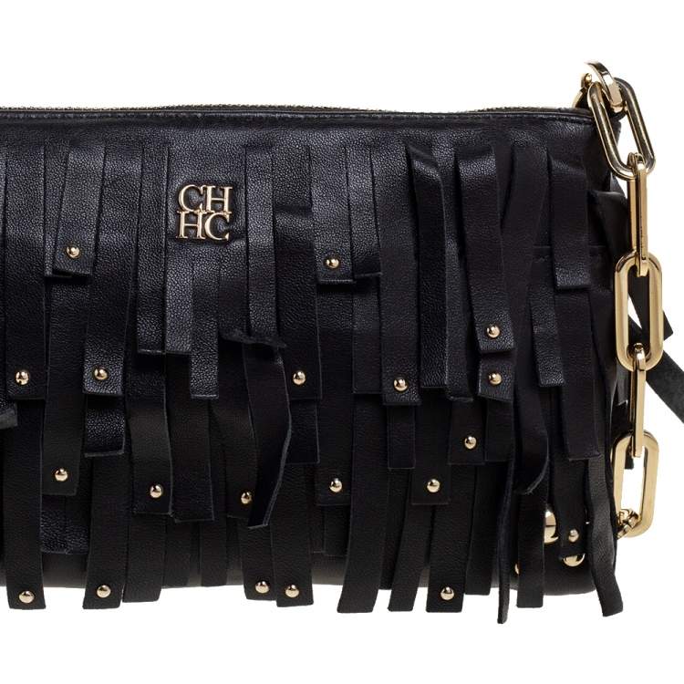 Pre Owned Carolina Hererra Black Leather Fringe Wristlet Clutch