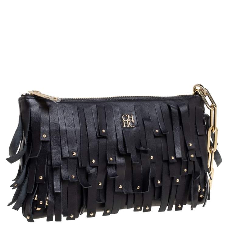 Pre Owned Carolina Hererra Black Leather Fringe Wristlet Clutch