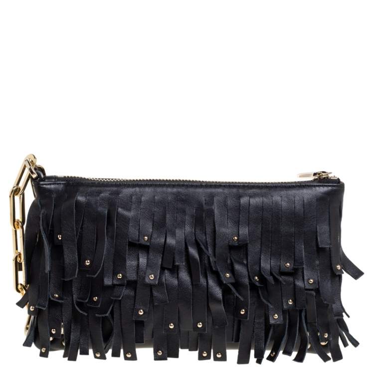 Pre Owned Carolina Hererra Black Leather Fringe Wristlet Clutch