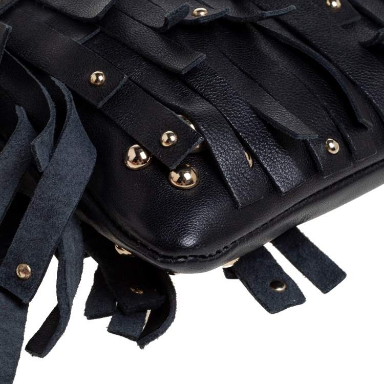 Pre Owned Carolina Hererra Black Leather Fringe Wristlet Clutch