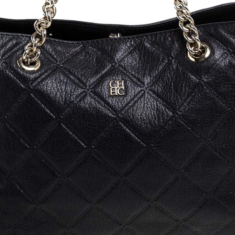Pre Owned Carolina Herrera Black Quilted Leather Chain Tote
