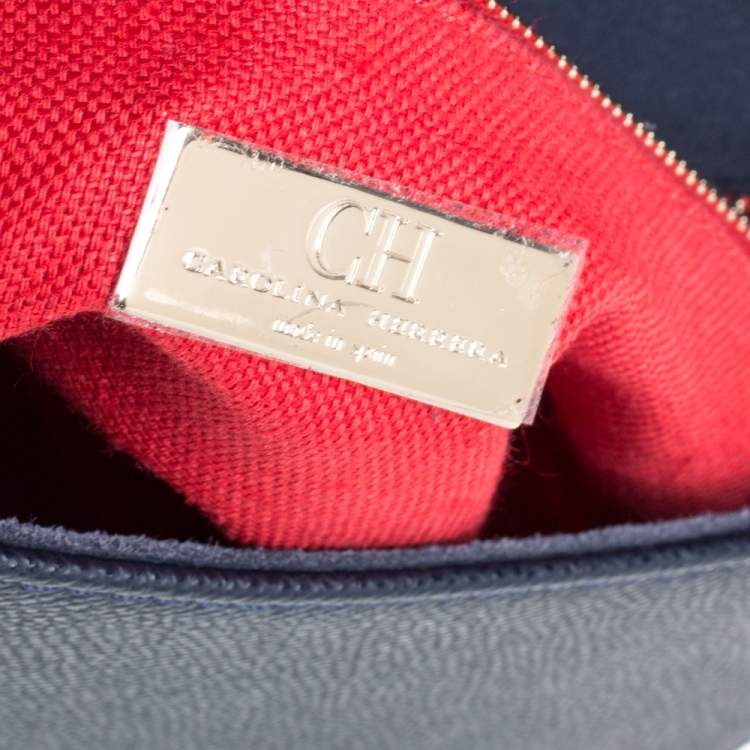 Pre Owned Carolina Herrera Navy Blue Leather Flap Shoulder Bag   