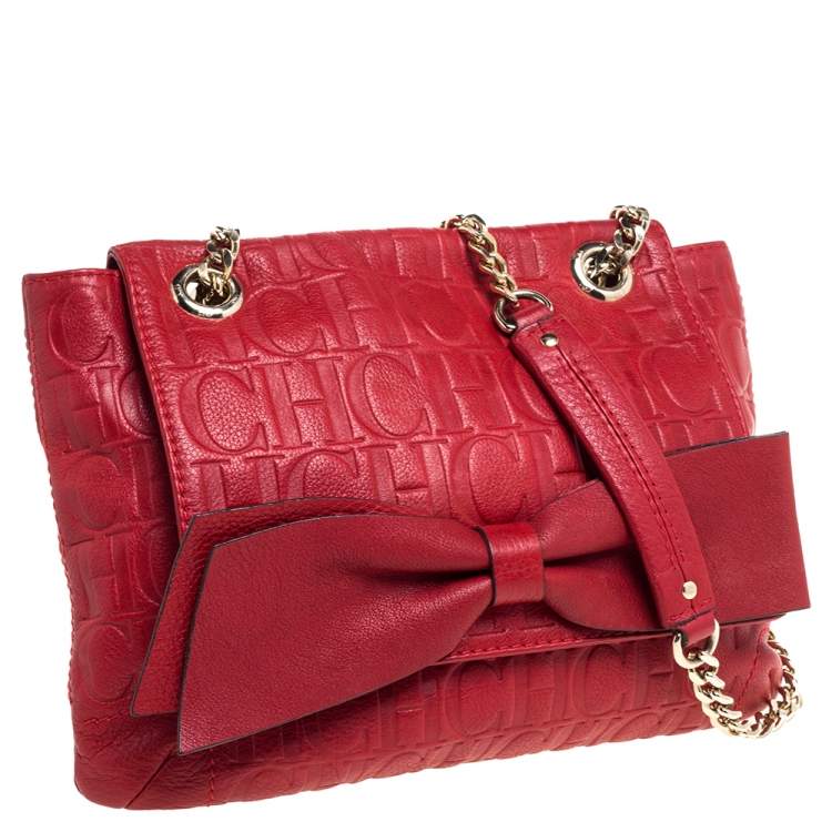 Pre Owned Carolina Herrera Red Monogram Leather Audrey Shoulder Bag