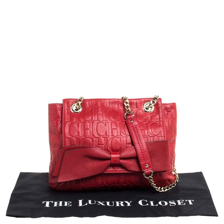 Pre Owned Carolina Herrera Red Monogram Leather Audrey Shoulder Bag