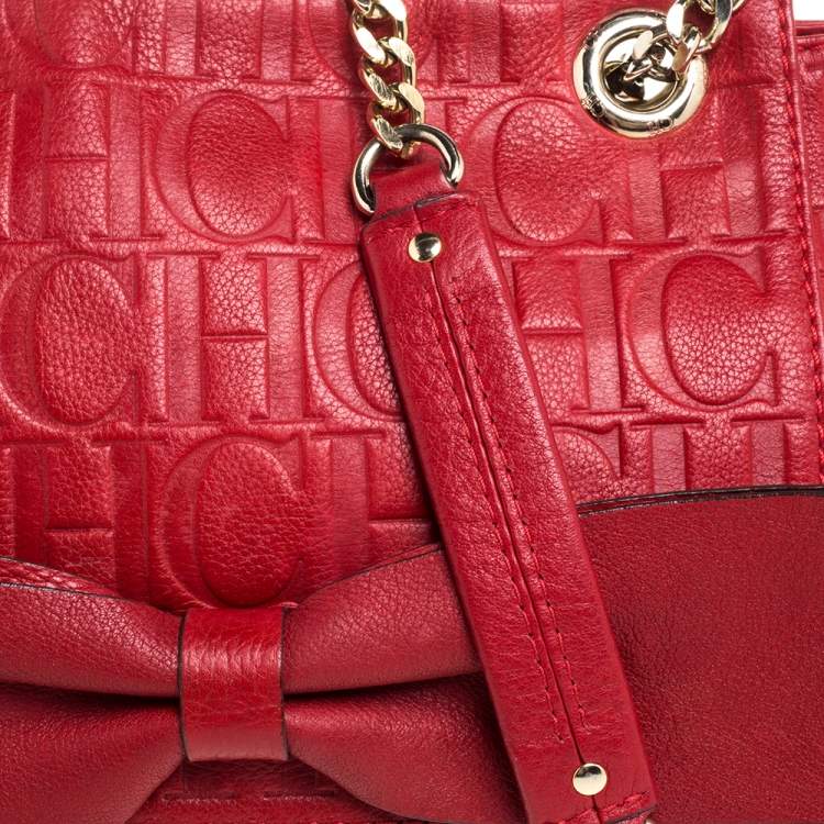 Pre Owned Carolina Herrera Red Monogram Leather Audrey Shoulder Bag