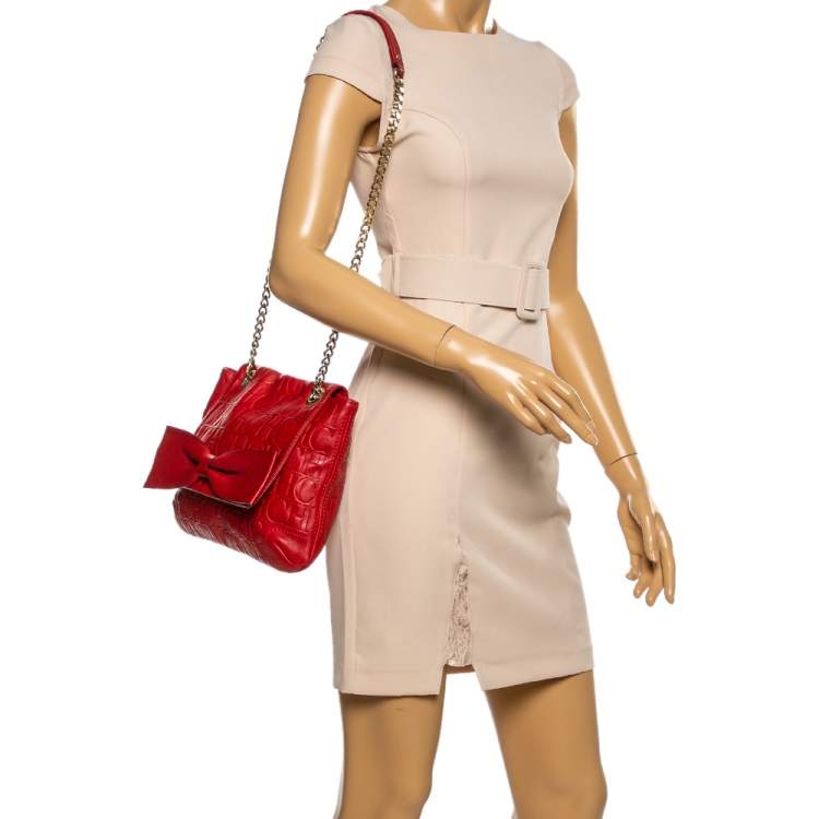 Pre Owned Carolina Herrera Red Monogram Leather Audrey Shoulder Bag