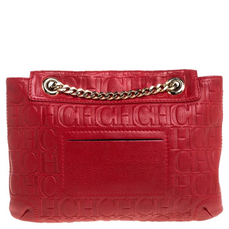 Pre Owned Carolina Herrera Red Monogram Leather Audrey Shoulder Bag