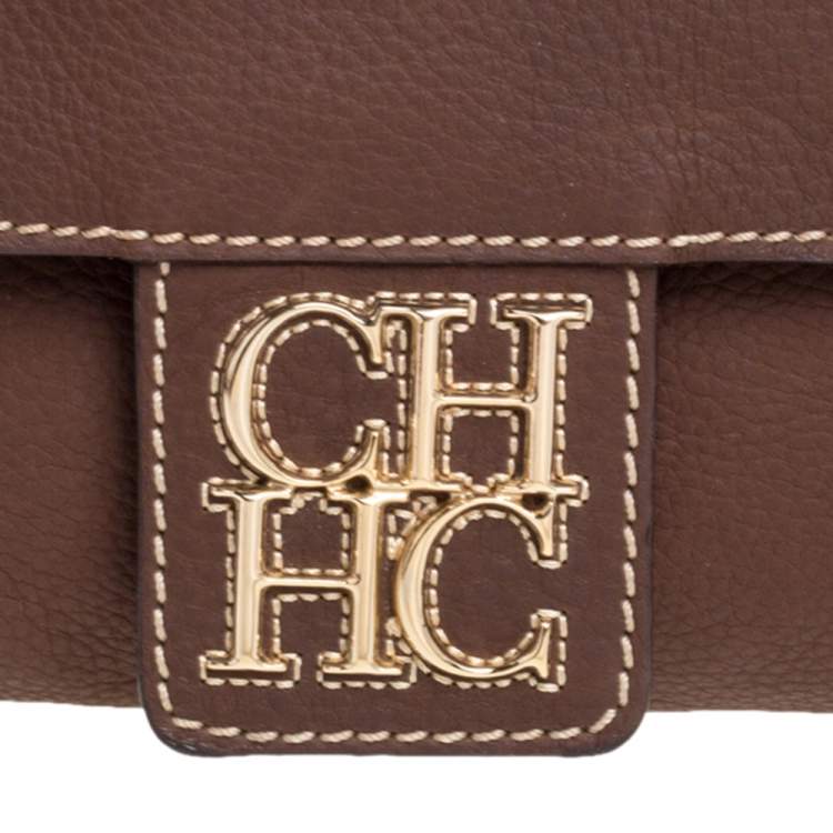 Pre Owned Carolina Herrera Brown Leather Double Flap Chain Bag