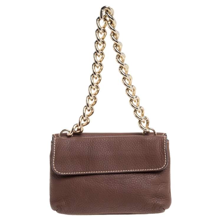 Pre Owned Carolina Herrera Brown Leather Double Flap Chain Bag