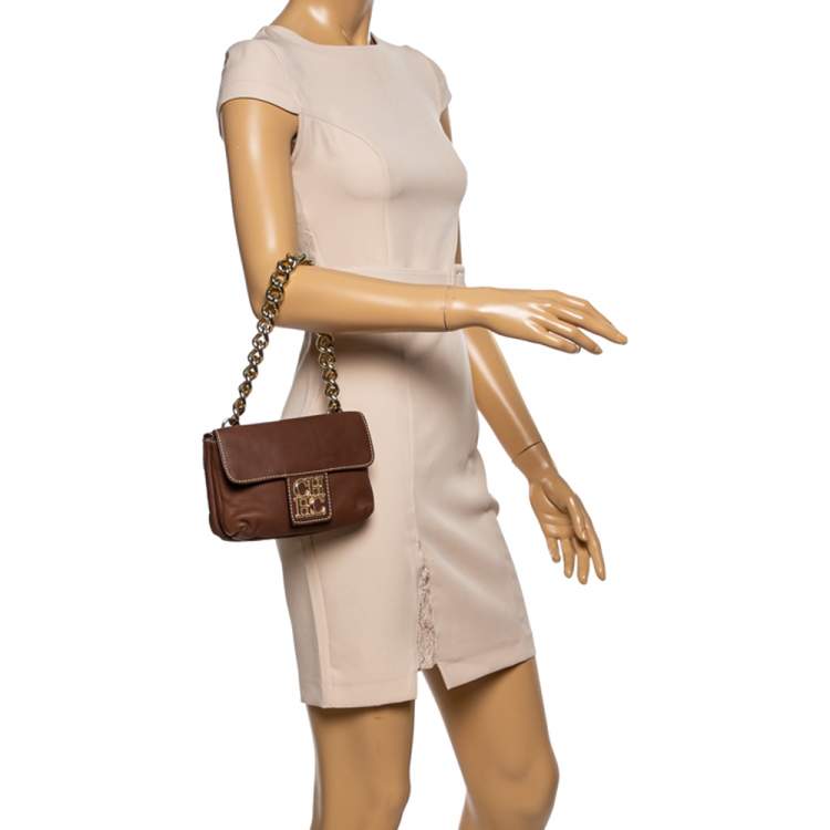 Pre Owned Carolina Herrera Brown Leather Double Flap Chain Bag
