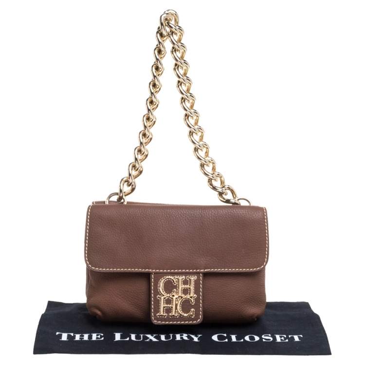 Pre Owned Carolina Herrera Brown Leather Double Flap Chain Bag