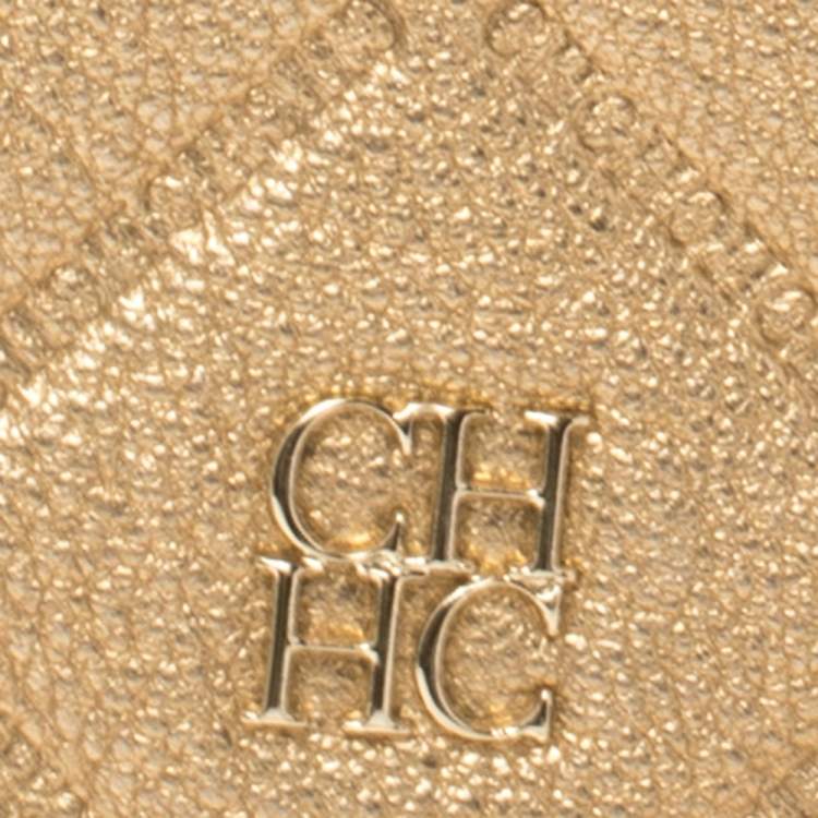 Pre Owned Carolina Herrera Gold Quilted Embossed Leather Flap Chain Clutch