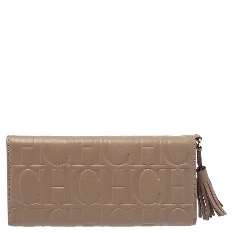 Pre Owned Carolina Herrera Beige Leather Tassel Continental Trifold Wallet