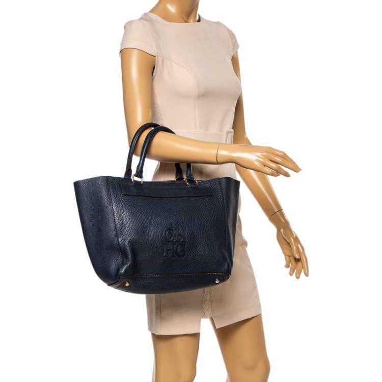 Pre Owned Carolina Herrera Blue Leather Zipped Tote