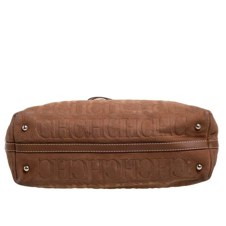 Pre Owned Carolina Herrera Brown Monogram Embossed Leather Shopper Tote