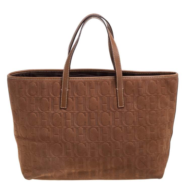 Pre Owned Carolina Herrera Brown Monogram Embossed Leather Shopper Tote