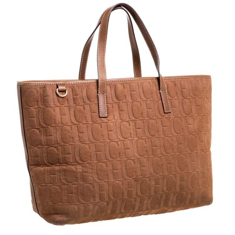 Pre Owned Carolina Herrera Brown Monogram Embossed Leather Shopper Tote