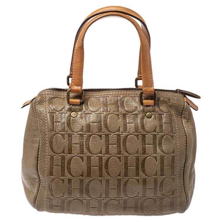 Pre Owned Carolina Herrera Olive Green/Beige Monogram Leather Andy Boston Bag