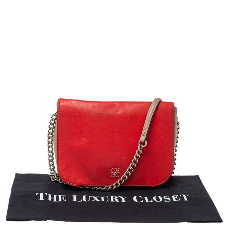 Pre Owned Carolina Herrera Tri Color Leather Flap Chain Shoulder Bag