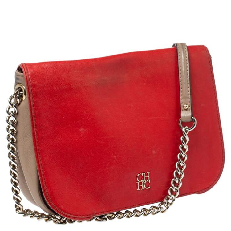 Pre Owned Carolina Herrera Tri Color Leather Flap Chain Shoulder Bag