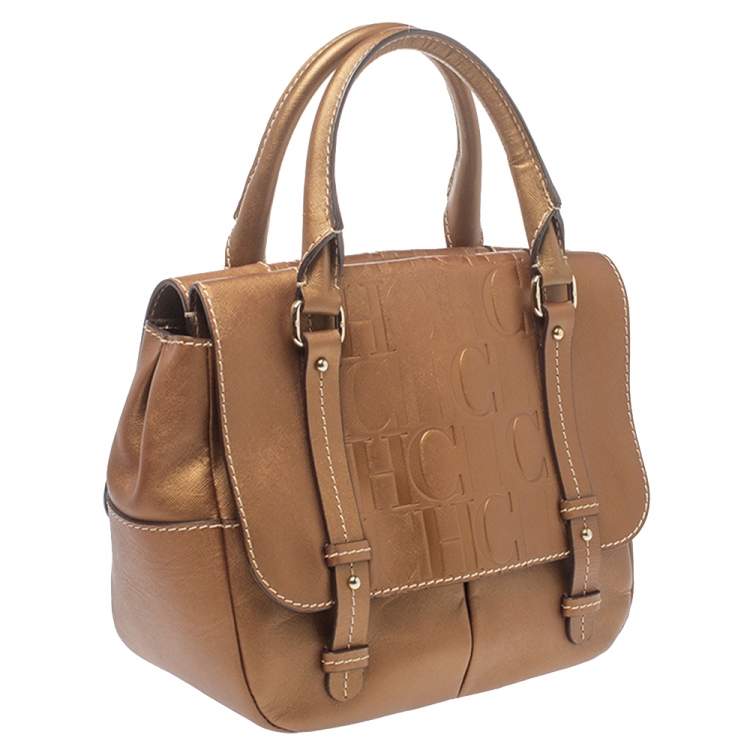 Pre Owned Carolina Herrera Metallic Bronze Monogram Leather Satchel