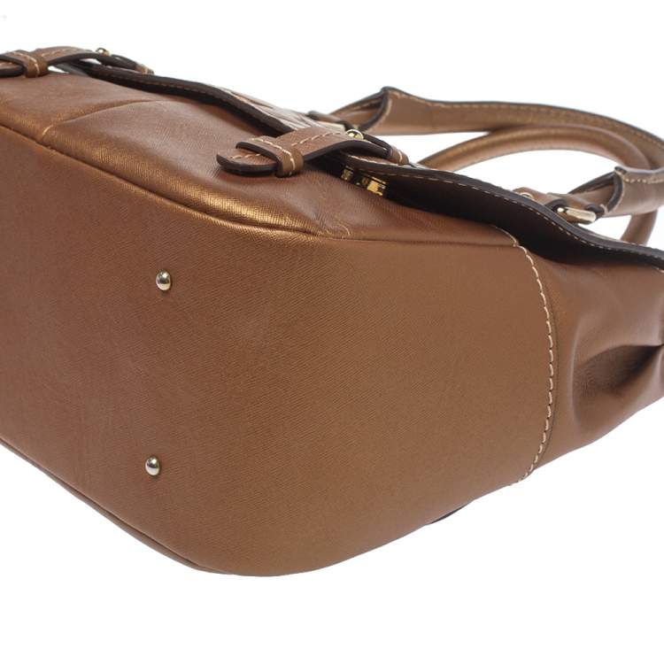 Pre Owned Carolina Herrera Metallic Bronze Monogram Leather Satchel