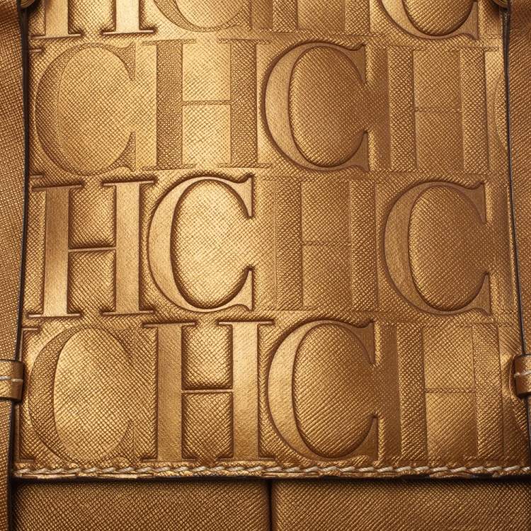 Pre Owned Carolina Herrera Metallic Bronze Monogram Leather Satchel