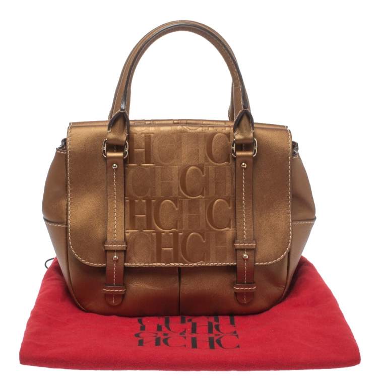 Pre Owned Carolina Herrera Metallic Bronze Monogram Leather Satchel