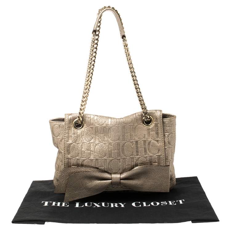 Pre Owned Carolina Herrera Light Gold Monogram Leather Audrey Shoulder Bag