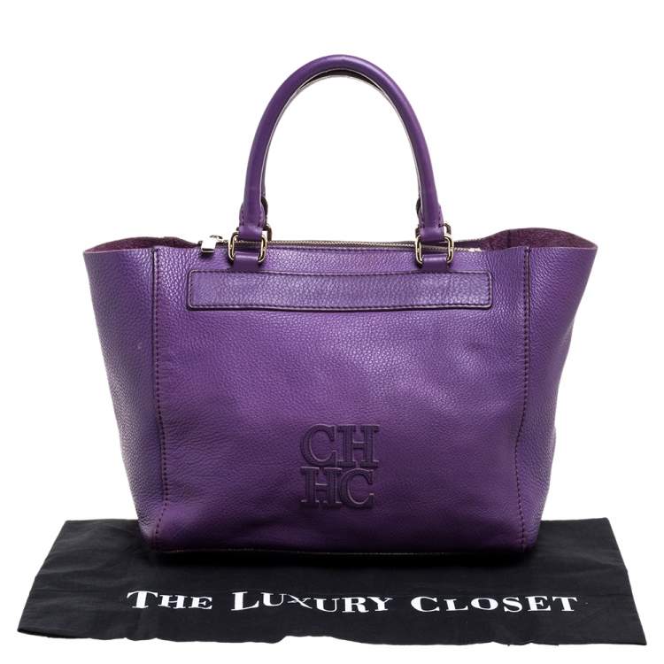 Pre Owned Carolina Herrera Purple Leather Top Zip Tote