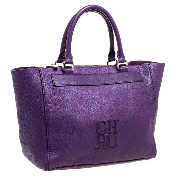 Pre Owned Carolina Herrera Purple Leather Top Zip Tote