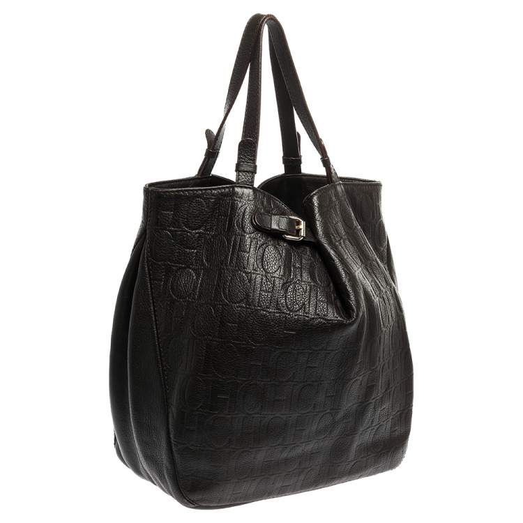 Pre Owned Carolina Herrera Brown Monogram Leather Tote