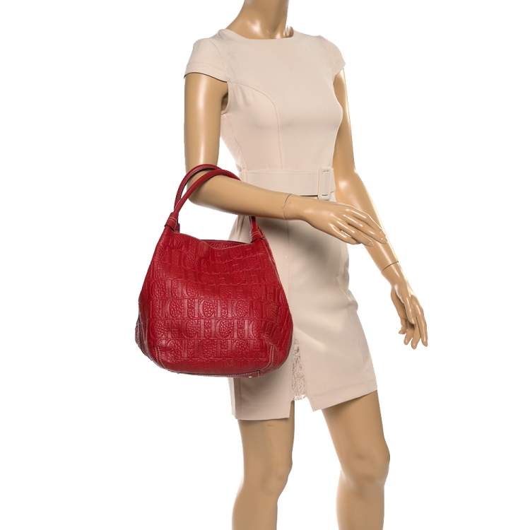 Pre Owned Carolina Herrera Red Monogram Leather Hobo