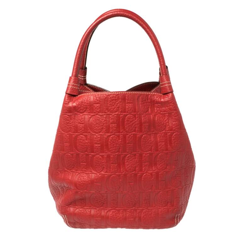 Pre Owned Carolina Herrera Red Monogram Leather Hobo