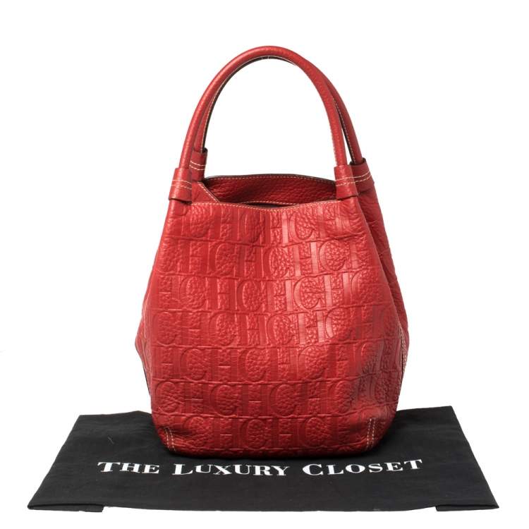 Pre Owned Carolina Herrera Red Monogram Leather Hobo