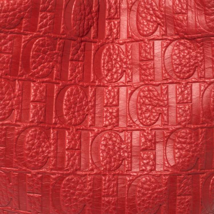 Pre Owned Carolina Herrera Red Monogram Leather Hobo