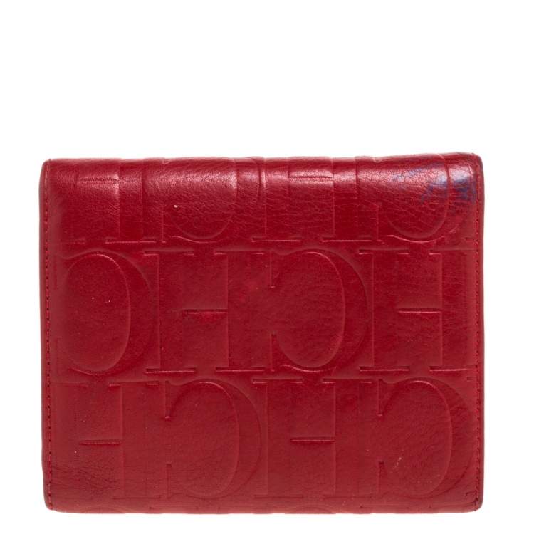 Pre Owned Carolina Herrera Red Monogram Embossed Leather Trifold Wallet